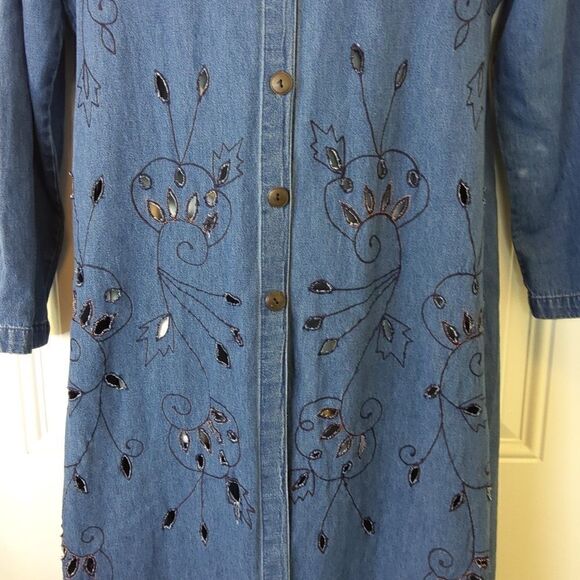 MSAS blue denim long sleeve button front embroidery and laser cutouts duster - Picture 3 of 16